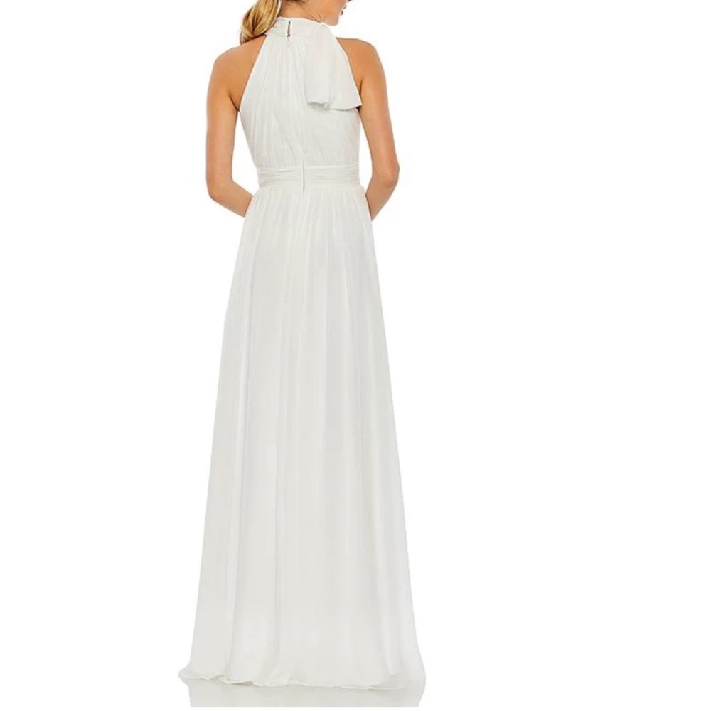 NWT Ieena for MacDuggal White High Neck Halter Gathered Bow Chiffon Maxi Gown - Picture 2 of 12